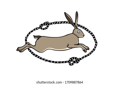 Vector card with hand drawn sweet jumping hare in nautical rope frame. Perfect design elements, beautiful animal illustration, ink drawing