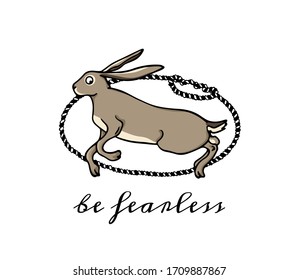 Vector card with hand drawn sweet jumping hare in nautical rope frame. Perfect design elements, beautiful animal illustration, ink drawing