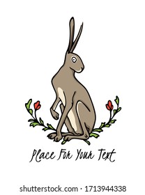 Vector card with hand drawn sweet sitting hare in floral wreath. Perfect design elements, beautiful animal illustration, ink drawing