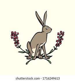 Vector card with hand drawn sweet jumping hare in flower wreath. Perfect design elements, beautiful animal illustration, ink drawing