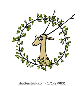 Vector card with hand drawn sweet deer portrait in floral green wreath. Perfect design elements, beautiful animal illustration, ink drawing