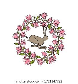 Vector card with hand drawn sweet jumping hare in graceful magnolia wreath. Perfect design elements, beautiful animal illustration, ink drawing