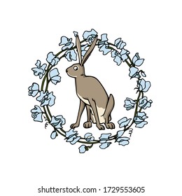 Vector card with hand drawn sweet sitting hare in blue floral wreath. Perfect design elements, beautiful animal illustration, ink drawing