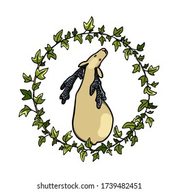 Tarjeta vectorial con retrato de ciervo dulce dibujado a mano en corona floral verde. Elementos de diseño perfectos, hermosa ilustración animal, dibujo de tinta