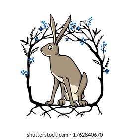 Vector card with hand drawn sweet hare in floral black mysterious wreath with blue berries and flowers. Perfect design elements, beautiful animal illustration, ink drawing