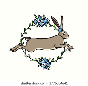 Vector card with hand drawn sweet hare in blooming wreath. Perfect design elements, beautiful animal illustration, ink drawing
