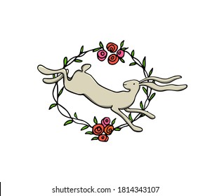 Tarjeta vectorial con liebre saltante dulce dibujada a mano en flor corona de rosa. Elementos de diseño perfectos, hermosa ilustración animal, dibujo de tinta