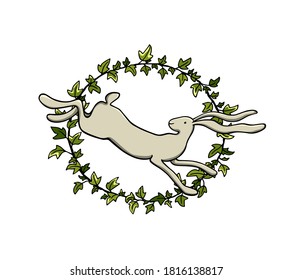 Vector Card With Hand Drawn Sweet Jumping Hare In Green Leafy Wreath Of English Ivy. Perfect Easter Design Elements, Beautiful Animal Illustration, Ink Drawing