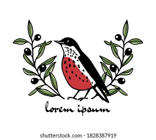 Vector card of hand drawn sweet bird in olive laurel made with ink. Beautiful illustration, perfect design elements.