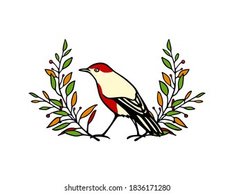 Vector card of hand drawn sweet bird in floral laurel made with ink. Beautiful illustration, perfect design elements.