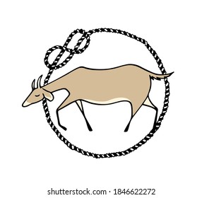 Vector card with hand drawn sweet goat in rope frame. Beautiful illustration, ink drawing, Perfect design element for diary industry