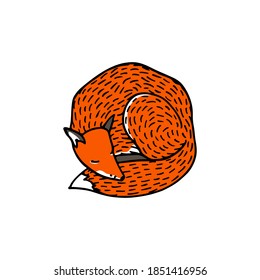 Vector card with hand drawn sweet sleeping red fox. Beautiful animals design elements, ink drawing. Wonderful illustration of a wild animal made in cartoonish style.