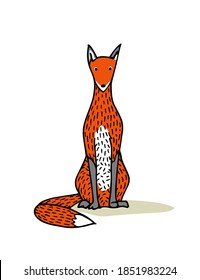 Vector card with hand drawn sweet sitting red fox. Beautiful animals design elements, ink drawing. Wonderful illustration of a wild animal made in cartoonish style.