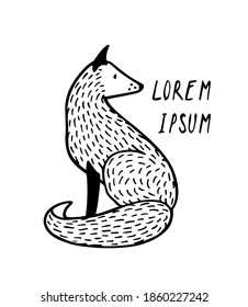 Vector card with hand drawn sweet fox made in linocut style. Beautiful animals design elements, ink drawing. Wonderful illustration of a wild animal made in cartoonish style.