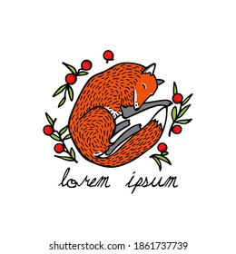 Vector card with hand drawn sweet sleeping red fox in red berries wreath. Beautiful animals design elements, ink drawing. Wonderful illustration of a wild animal made in cartoonish style.