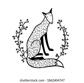 Vector card with hand drawn sweet red fox in berries wreath made in linocut style. Beautiful wild nature design elements, ink drawing. Wonderful illustration of a wild animal made in sweet cartoonish 