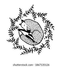 Vector card with hand drawn sweet sleeping fox in floral wreath made in linocut style. Beautiful animals design elements, ink drawing. 