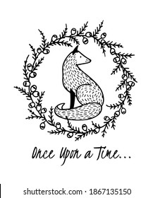Vector card with hand drawn sweet fox in berries wreath made in linocut style. Beautiful wild nature design elements, ink drawing. 