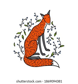Vector card with hand drawn sweet red fox in blue berry twigs wreath. Beautiful animals design elements, ink drawing. Wonderful illustration of a wild animal made in cartoonish style.