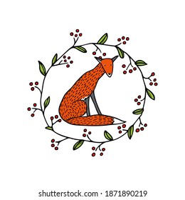 Vector card with hand drawn sweet red fox in red berry wreath. Beautiful animals design elements, ink drawing. Wonderful illustration of a wild animal made in cartoonish style.