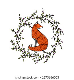 Vector card with hand drawn sweet red fox in green leafy wreath. Beautiful wild nature design elements, ink drawing. Wonderful illustration of a wild animal made in sweet cartoonish style.