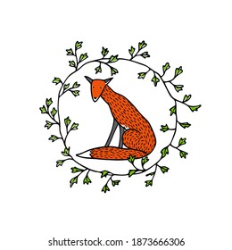 Vector card with hand drawn sweet red fox in green leafy wreath. Beautiful wild nature design elements, ink drawing. Wonderful illustration of a wild animal made in sweet cartoonish style.