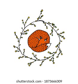 Vector card with hand drawn sweet sleeping fox in floral wreath. Beautiful animals design elements, ink drawing. Wonderful illustration of a wild animal made in cartoonish style.