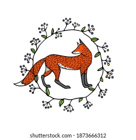 Vector card with hand drawn sweet red fox in wild berry twigs wreath. Beautiful animals design elements, ink drawing. Wonderful illustration of a wild animal made in cartoonish style.