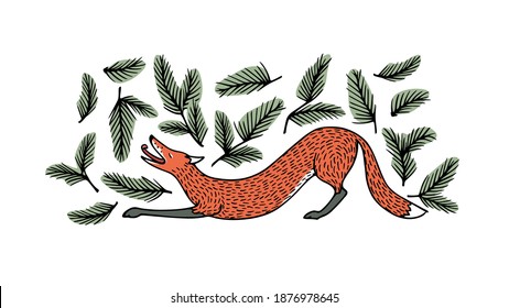 Vector card with hand drawn sweet sleepy red fox stretching around pine twigs. Beautiful animals design elements, ink drawing. Wonderful Christmas card.