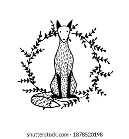 Vector card with hand drawn sweet fox in floral wreath made in linocut style. Beautiful wild nature design elements, ink drawing. 