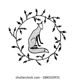 Vector card with hand drawn sweet fox in floral barberry wreath made in linocut style. Beautiful wild nature design elements, ink drawing. 