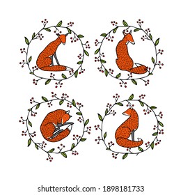 Vector card with hand drawn sweet red foxes in red berry wreath. Beautiful animals design elements, ink drawing. Wonderful illustration of a wild animal made in cartoonish style.