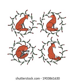 Vector card with hand drawn sweet red foxes in winter floral wreath. Beautiful animals design elements, ink drawing.