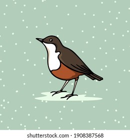 Vector card with hand drawn sweet White-throated Dipper on snowy background made with ink. Perfect animal design elements
