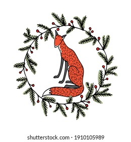 Vector card with hand drawn sweet fox in conifer wreath with red berries. Beautiful wild nature design elements, ink drawing.