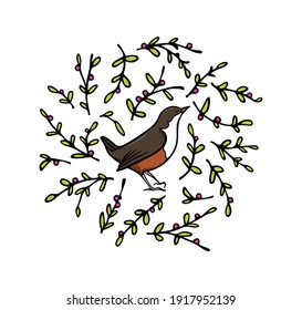 Vektorkarte mit handgezeichnetem, süßem Vogel in Blumenkranz mit Tinte. Perfekte Elemente für Tierdesign, Logo-Vorlage