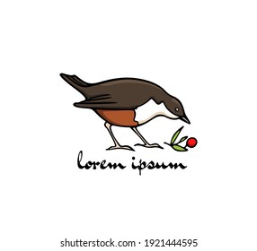 Vector card with hand drawn sweet bird with red berry twig. Ink drawing. Perfect animal design elements, logo template