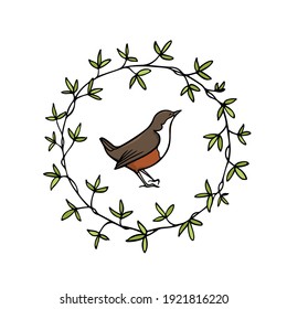 Vector card with hand drawn sweet bird in green leafy wreath made with ink. Perfect animal design elements, logo template
