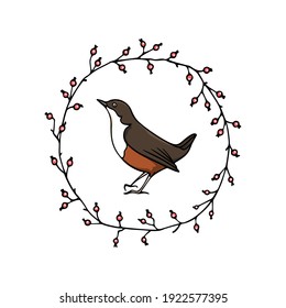 Vector card with hand drawn sweet bird in graceful floral wreath made with ink. Perfect animal design elements, logo template