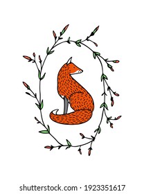 Vector card with hand drawn sweet red fox in graceful floral wreath. Beautiful wild nature design elements, ink drawing. 