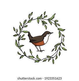 Vector card with hand drawn sweet bird in green leafy wreath made with ink. Perfect animal design elements, logo template