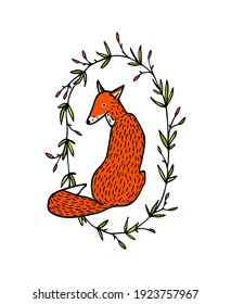 Vector card with hand drawn sweet red fox in graceful floral wreath. Beautiful wild nature design elements, ink drawing. 