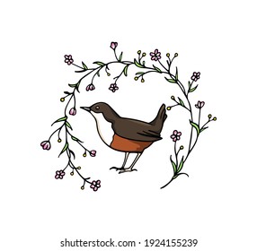 Vector card with hand drawn sweet bird in graceful floral wreath made with ink. Perfect animal design elements, logo template