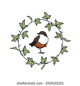 Tarjeta vectorial con pájaro dulce dibujado a mano en flor verde corona hecha con tinta. Elementos de diseño animal perfecto, plantilla de logotipo