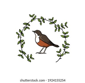 Tarjeta vectorial con pájaro dulce dibujado a mano en flor verde corona hecha con tinta. Elementos de diseño animal perfecto, plantilla de logotipo