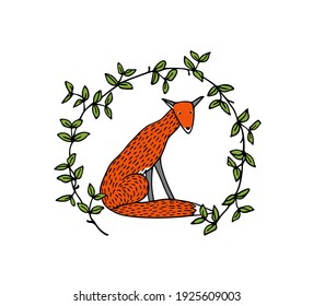 Vector card with hand drawn sweet red fox in graceful floral wreath. Beautiful wild nature design elements, ink drawing. 