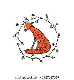 Tarjeta vectorial con zorro rojo dulce dibujado a mano en una elegante corona floral. Bellos elementos de diseño de naturaleza salvaje, dibujo de tinta. 