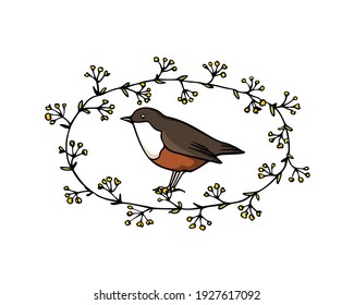 Vector card with hand drawn sweet bird in graceful floral wreath made with ink. Perfect animal design elements, logo template