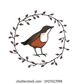 Vector card with hand drawn sweet bird in graceful floral wreath made with ink. Perfect animal design elements, logo template