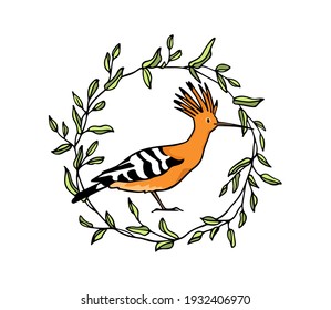 Vector card with hand drawn sweet Hoopoe in graceful floral wreath. Ink drawing, graphic style. Beautiful animal design elements.